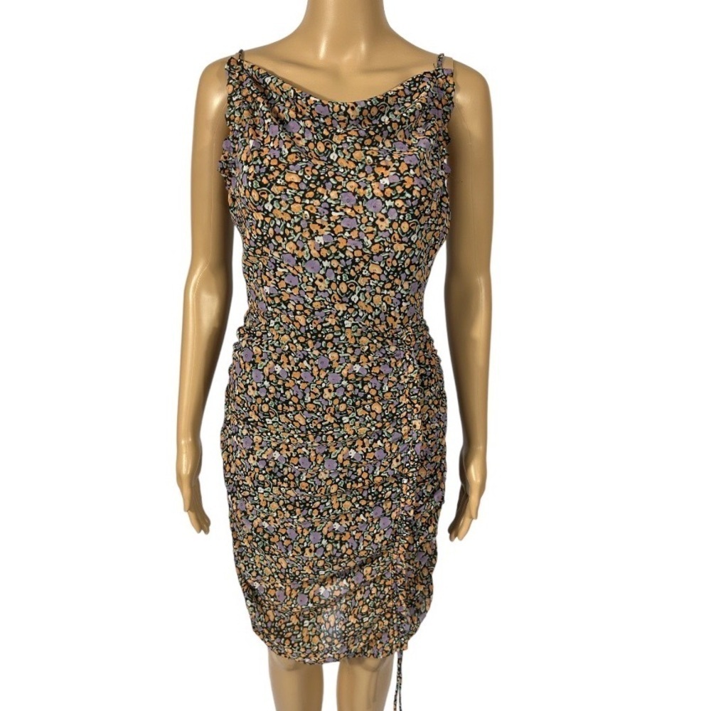 ASTR The Label Ruched Tie Backless Bodycon Mini Dress Black-Orange Floral Size S
